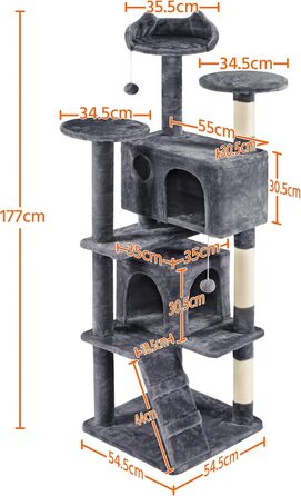 Кігтеточка для котів Yaheetech, велика, 178 см, з 3 платформами, 3 стовпчиками, 2 будиночками, м'ячі, сірий колір