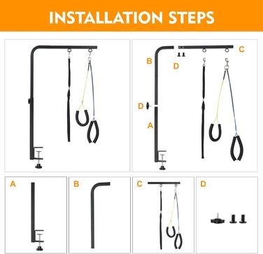 Підтримка для грумінгу собак, регульована, для маленьких та середніх порід, з кліпсою, петля для грумінгу, без підтримки спини та стегна (чорний, 111,8 см, арка + міцна кліпса + гамак)