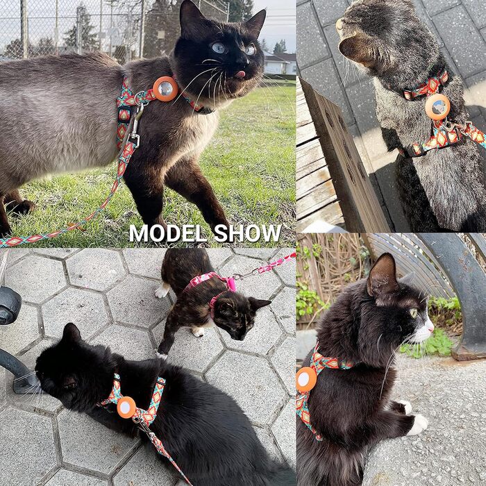Шлейка та поводок для кота, анти-вислизання, для прогулянок, подорожей, на вулицю, м'який нейлон, регульована, милий комплект шлейки з тримачем Airtag, для кошенят та дорослих котів. Розмір шиї: 19-30 см, груди: 27-46 см, Помаранчевий колір
