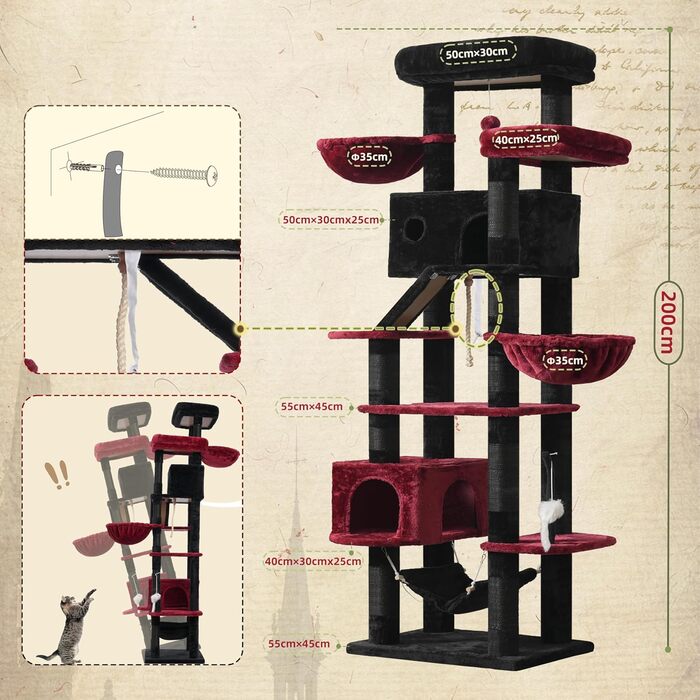 Великий котячий будиночок Kratzbaum: стабільний, 200 см, з платформами, гамаком, сизалевими стовпчиками (чорний та червоний)