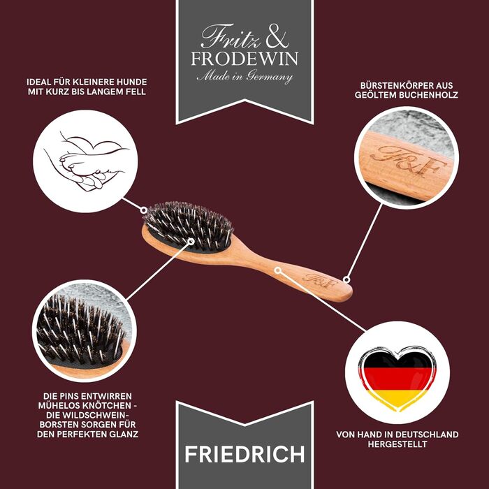 Щітка для собак Fritz & Frodewin Friedrich (маленька) | Преміум-щітка для собак з щетиною дикого кабана | Щітка для шерсті | Дерево з сертифікатом FSC | Ідеально для маленьких собак | 100% Made in Germany