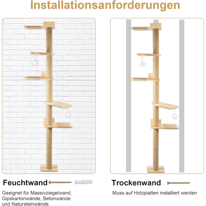 Кігтеточка для котів Youyijia 206 см з натурального каучукового дерева, 5 ярусів, настінна, з розширеною основою, плюшевими кульками, 360° обертання, XXL кігтеточка для котів