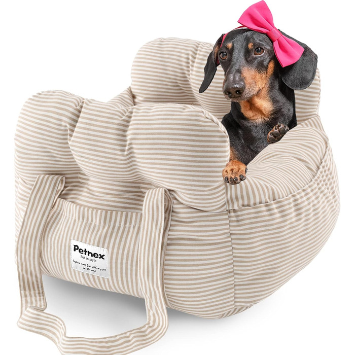 Автокрісло для собак маленьких порід, переноска для цуценят, зручна автотранспортування, з кишенями, машинного прання (Смугастий хакі)