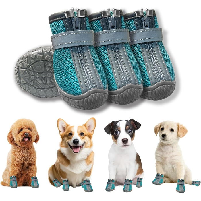Взуття для собак, захист подушечок лап, Outdoor, 4 шт., з світловідбиваючим кріпленням, дихаючі собачі чоботи, регульований захист лап для маленьких та середніх собак (1, блакитний)