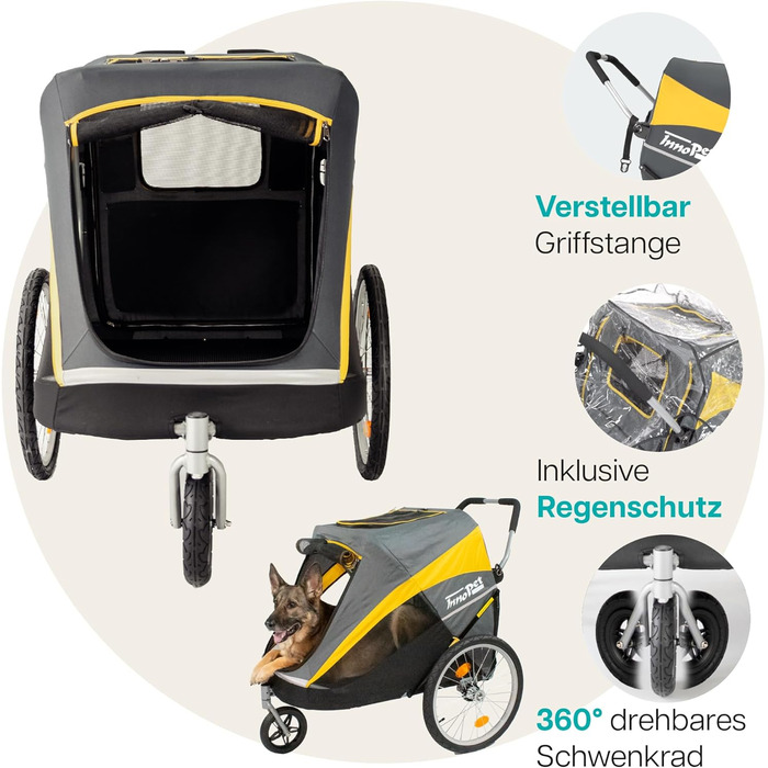 Візок для собак Innopet Hercules 2-в-1 (також велосипедний причіп) жовто-сірий - до 50 кг, з перетворювачем та дощовим покривом, внутрішні повідки, повітряні колеса 45 см