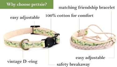 Набір нашийників для котів Pettsie та браслети дружби, безпечний дизайн з м'якої бавовни, D-подібне кільце для аксесуарів, регульований розмір 19-29 см, зелений