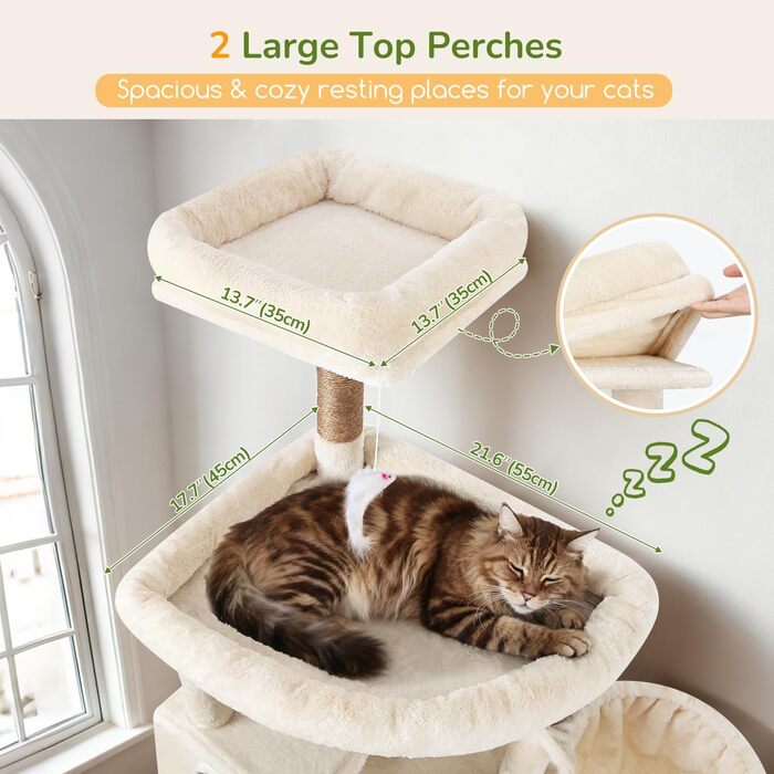 Кігтеточка та ігровий комплекс для великих котів, 209 см XXL, бежева, з 2 будиночками, великою платформою, 3 корзинами та 8 стовпчиками з сизалю, Globlazer