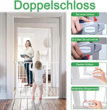 Захист для сходів та дверей: сітка-бар'єр без свердління, 105-115 см. Ідеально для собак та дітей. Біла сітка-бар'єр з подвійним замком, автозакриттям, відкриванням однією рукою та фіксацією 90°.