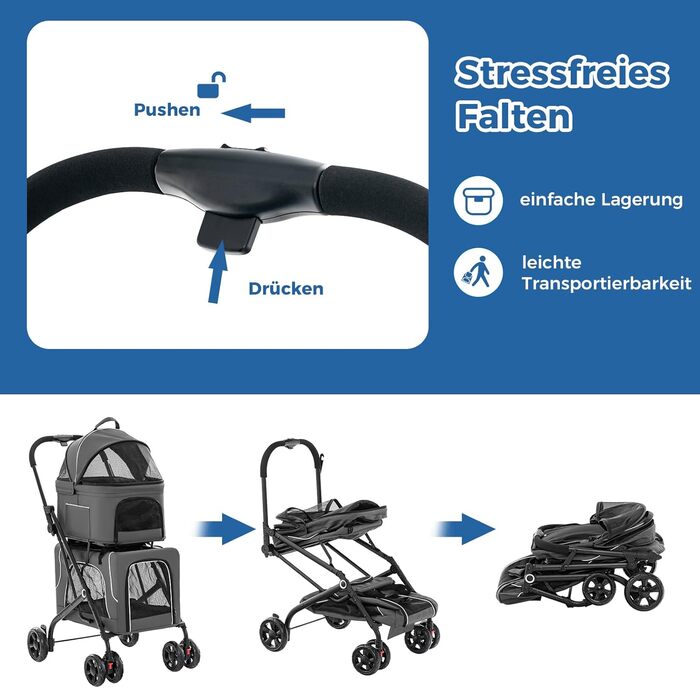 Візок для собак GOPLUS 3 в 1 сірого кольору з 2 знімними відсіками, сітчастими віконцями, клямками та колесами з гальмами