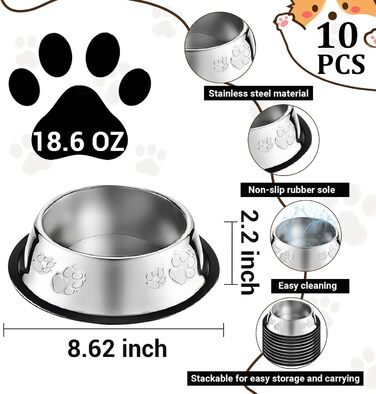 Набір з 10 мисок для собак з нержавіючої сталі, 530 мл. Миски для корму та води для тварин з гумовим дном (антиковзаючі) для собак, котів, кроликів.