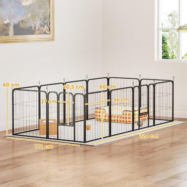 PawHut Вольєр для собак, сталевий вольєр з 12 панелей, розкладний, портативний, 60H см, 2 двері, для малих собак, внутрішній та зовнішній, чорний, 12P, 168 x 168 x 60 см