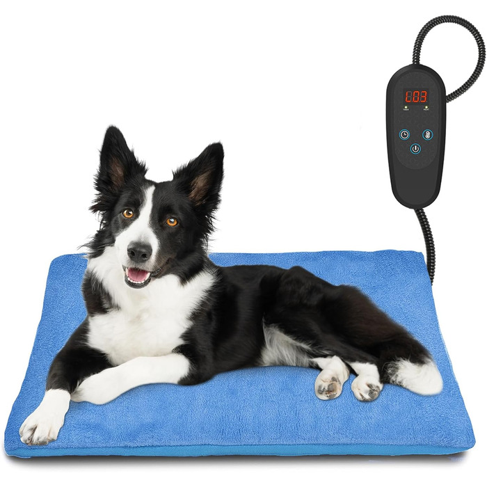 Кішечковий нагрівальний килимок для тварин з регулятором, підходить для котів та собак, 6 температурних режимів, таймер на 24 години, LED-дисплей, безпечна нагрівальна ковдра з бісостійким кабелем, 45х75 см (блакитний)