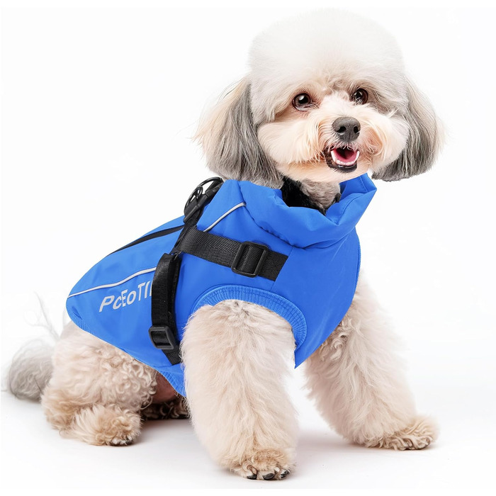 Водонепроникний собачий плащ PcEoTllar для маленьких собак, тепла куртка з шлейкою для зими, костюм для катання на лижах, бавовна, блакитний собачий пуловер L