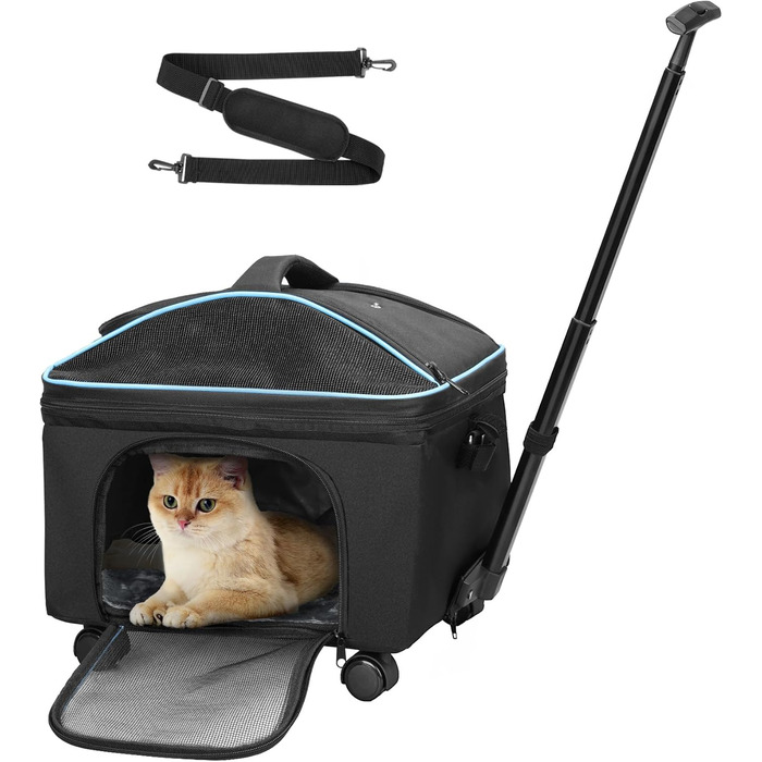Трансформер для котів та маленьких собак Babenest: сумка-переноска з колесами, для подорожей літаком, з телескопічним ручками та ременем, чорна