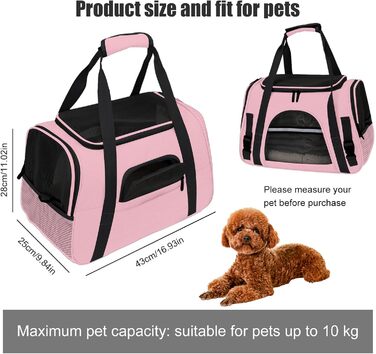 Транспортна сумка для тварин ZSMJAER з підстилкою з флісу, для котів та маленьких собак до 10 кг, рожева
