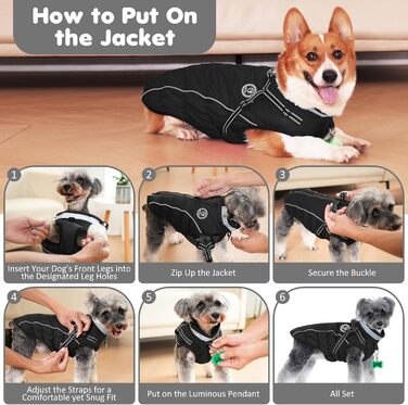 Зимовий одяг для собак: тепла куртка з LED-краваткою, світловідбиваючі смуги, водонепроникний, для маленьких та середніх собак (Чорний, XXL)