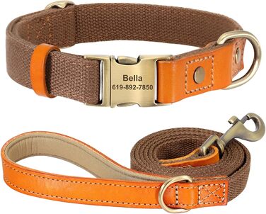 Персоналізований нашийник та поводок для собак з нейлону, шкіри, коричневий (L)