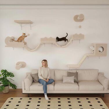 Комплекс для котів BYBYME з гамаком, ліжком та високими полицями для кількох котів, плюшевий лежак, когтеточка та стовпчики з сизалю, 6 шт., міцні меблі для лазіння (бежевий, 5 шт. з довгою перемичкою)