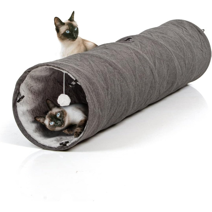 Ігровий тунель для котів CanadianCat XXL, плюшевий, сірий, 35×150 см, з інтегрованою іграшкою