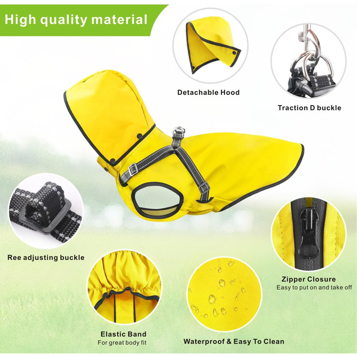 Водонепроникний дощовик для собак Mosucoir з капюшоном, для середніх та великих собак, жовтий (S)