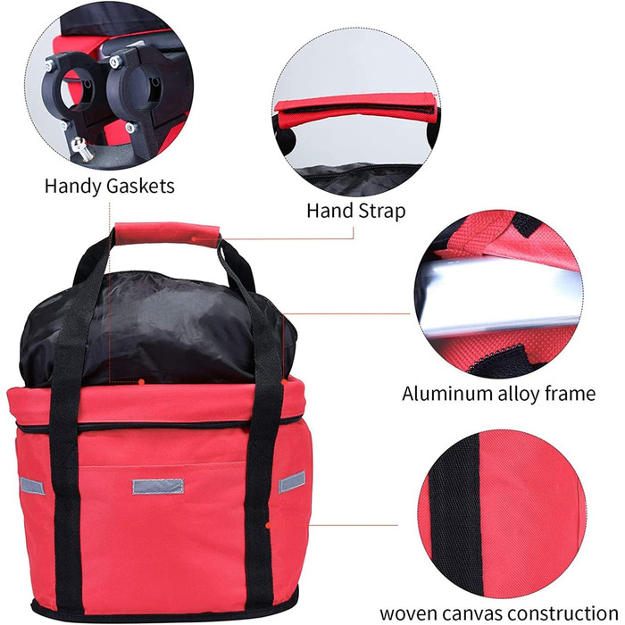 Фалцфальтерний велосипедний кошик для собак, передній велосипедний кошик, легко встановлюється, знімний велосипедний кошик-сумка, з адаптером керма для маленьких собак, для покупок, пікніків (червоний)