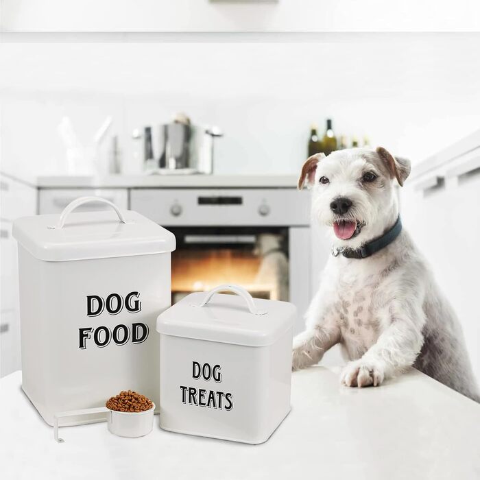 Контейнер для корму Morezi (2 шт.), з вуглецевої сталі, з герметичним кришкою та ложкою, для зберігання корму для собак, котів та інших тварин. Білий колір.