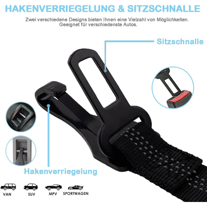 Автомобільний поводок для собак LeoPets: безпечний та регульований, 30-90 см, з карабіном, світловідбиваючий, чорний