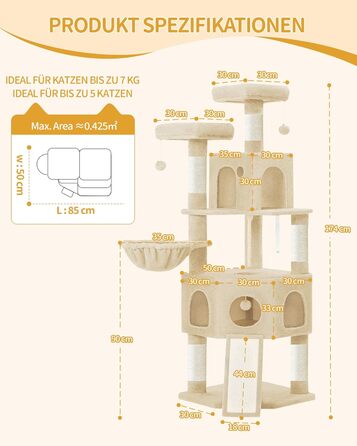 Кігтеточка для котів Hzuaneri, 174 см, XL, 2 платформи, 2 печери, 4 стовпчики, дошка для шліфування кігтів, мотузка з сизалю, плюшеві кульки, для кількох котів, MS17418LG (Бежевий)