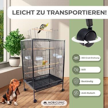 Велика клітка для птахів Mobiclinic Pets із колесами, гальмами та верхнім відкриттям, 8 дверцят, знімний піддон, годівниці та поїлки, сідала, для папуг і німф, 95x43x61,5 см
