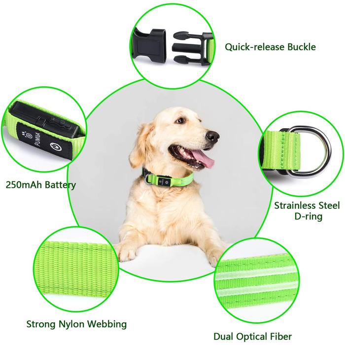 Світлодіодна нашийникова стрічка для собак PCoTllar, акумуляторна, 3 режими світіння, регульована, водонепроникна, для малих, середніх та великих собак, блакитна (зелена(TC5000), L(48-60см))