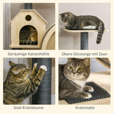 Котячий комплекс PawHut з біговим колесом, 4-рівневий кігтеточка-будиночок із сосни, сизалеві стовпи, натуральне дерево, 80x50x143 см