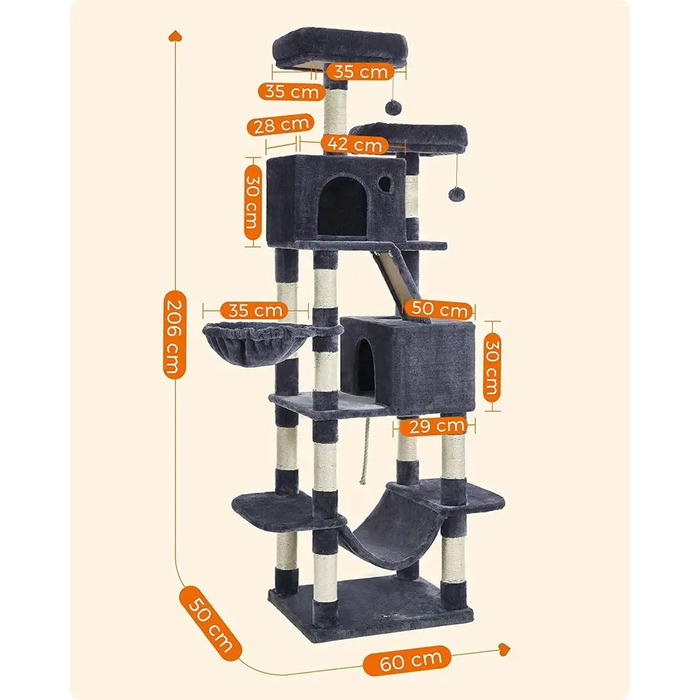 Високий когтеточка-комплекс Feandrea: ігровий центр з лежаком та стовпчиком для кігтів, 161 - 220 см