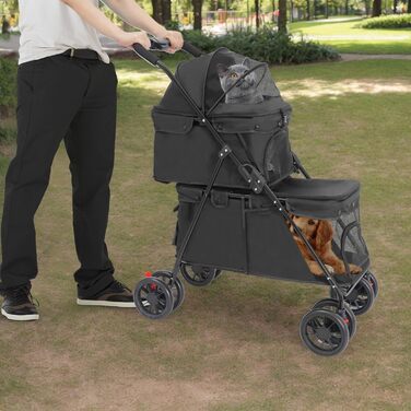 Складаний візок для собак та котів, 2-поверховий, з сумкою та ременями безпеки (Чорний)
