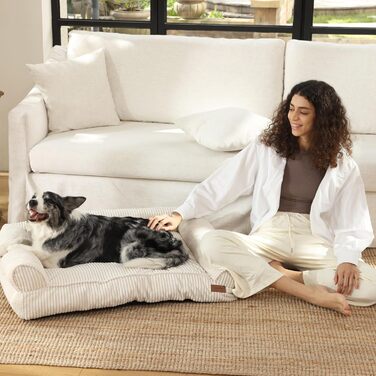 Крісло-ліжко для собак великих порід FUKUMARU, м'яке та зручне, з водонепроникним покриттям, з тканини корд, можна прати, не слизьке, знімний чохол на блискавці, 93 x 63 x 22 см, кремовий колір