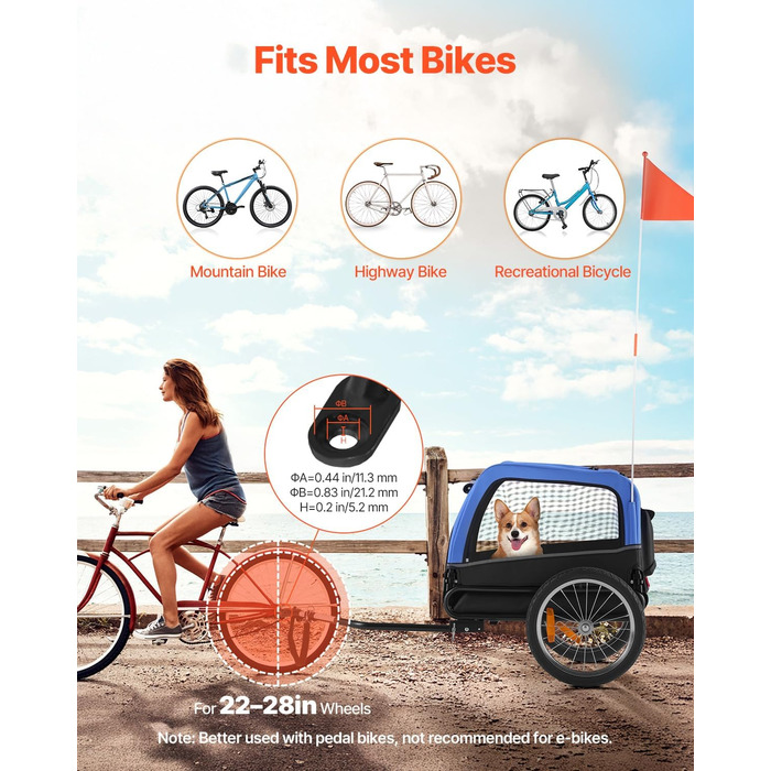 Фаркоп для собак VEVOR, до 30 кг, велосипедний причіп для собак, складаний, універсальний, з відбивачем та прапорцем