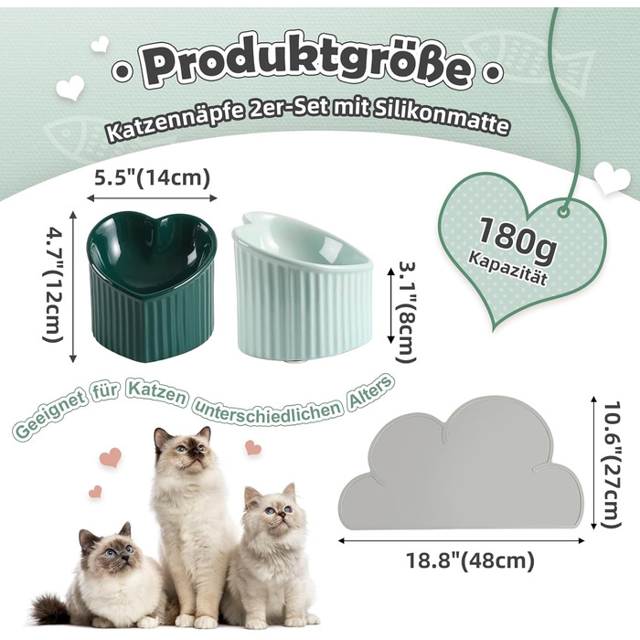 Набір мисок для котів Katzennapf Set: підняті миски, кераміка, проти ковзання, набір з 2 шт., зелений & темно-зелений