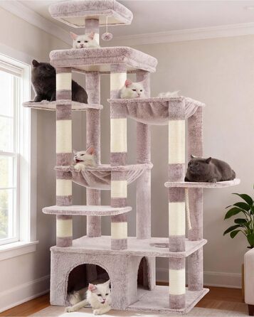 Кігтеточка Heybly Kratzbaum 180 см: велика, стійка, з будиночком, гамаками, для мейн-кунів та інших великих котів, коричнево-бежева