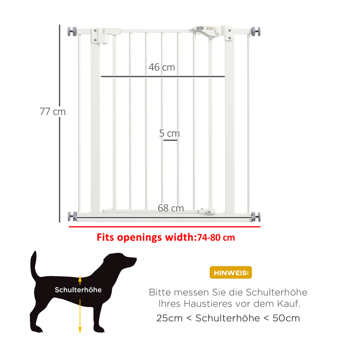 PawHut Door Gate Gate, Шлагбаум, 74-80 см, Сходові ворота для домашньої тварини, Ворота для собаки, Захисні ворота без свердління, Метал, Пластик, Білий | Аосом