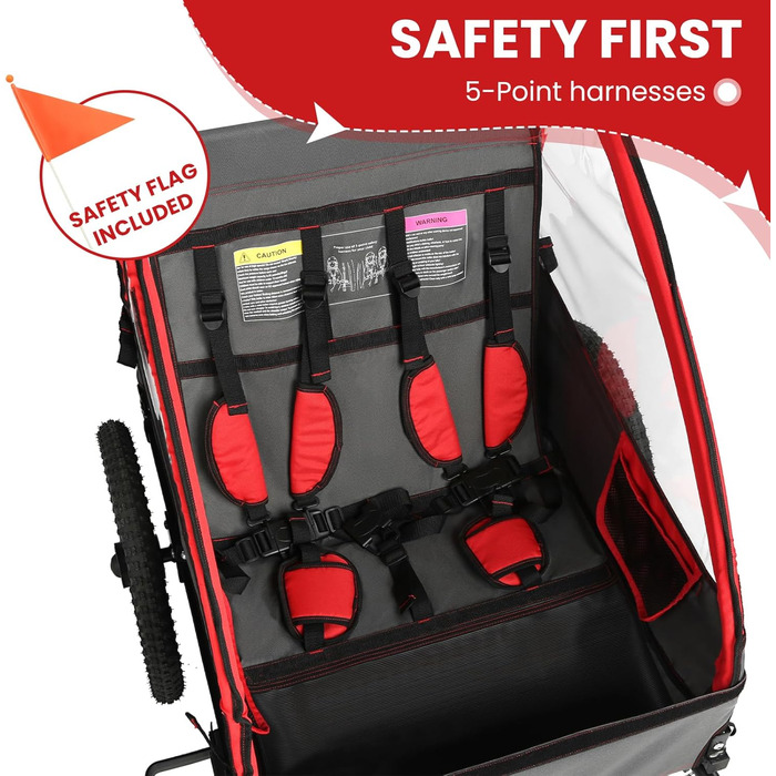 Дитячий велопричіп Sepnine для 1-2 дітей, від 12 місяців, швидко кріпиться, складаний, з 5-точковим ременем та кишеньками для зберігання. BT609-Червоний