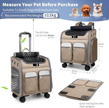 Рюкзак-переноска для кота та собаки PETCUTE з візком 2 в 1 до 11 кг, складаний, з витяжною підстилкою, багатофункціональний, дихаючий, для кошенят та цуценят (Хакі)