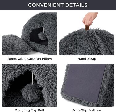 Ліжко для котів BEDSURE велике, 40x40x40 см, сіре, з подушкою та іграшкою, миється