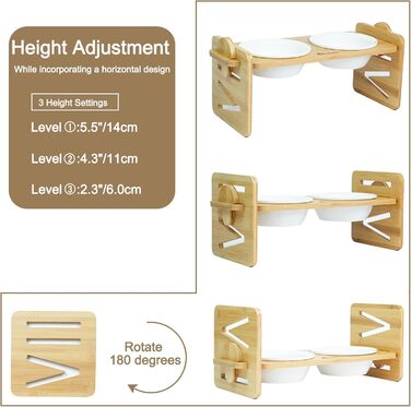 Підставка для корму для собак та котів, регульована висота, керамічна миска з бамбуковим підставкою, нахилена платформа для котів та маленьких собак (40*16)
