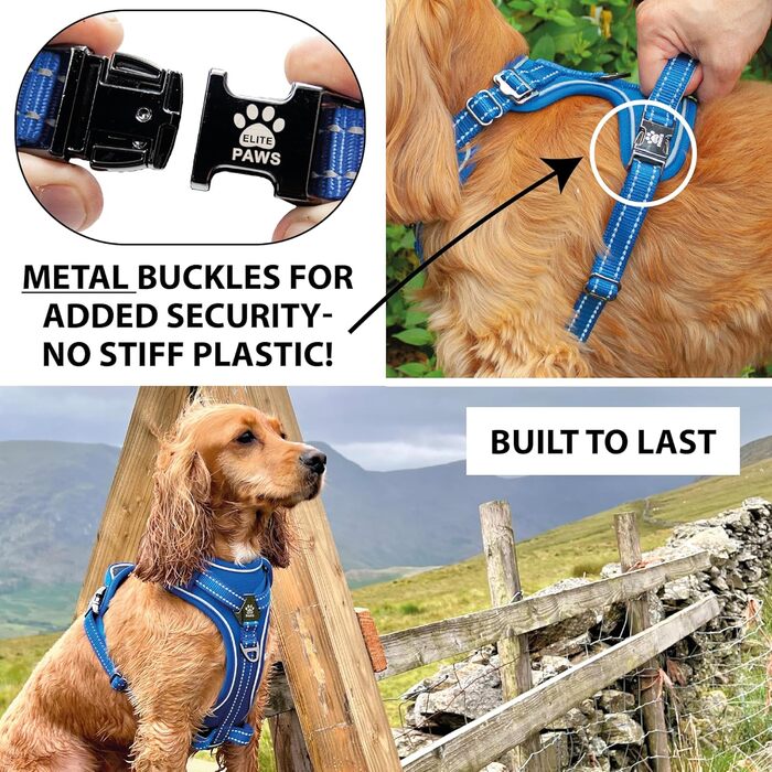 Elite Paws® UK Преміум шлея для собак з металевою пряжкою, міцна, безпечна, м’яка, зручна, регульована, світловідбивна, кріплення для повідка спереду та ззаду, м’яка ручка