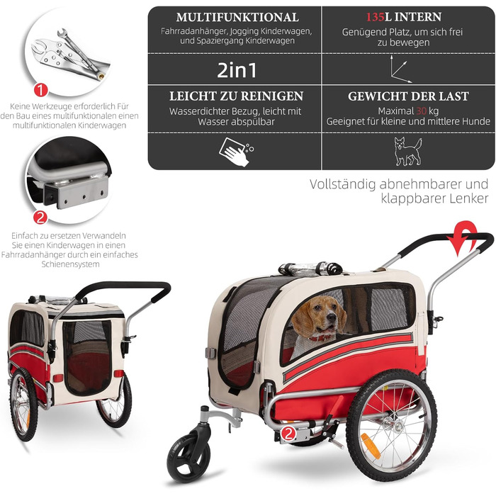 Причеп-біговий візок для собак 2-в-1, до 30 кг, складний, з гальмами, сигнальним прапорцем, для активного відпочинку та дому, червоний