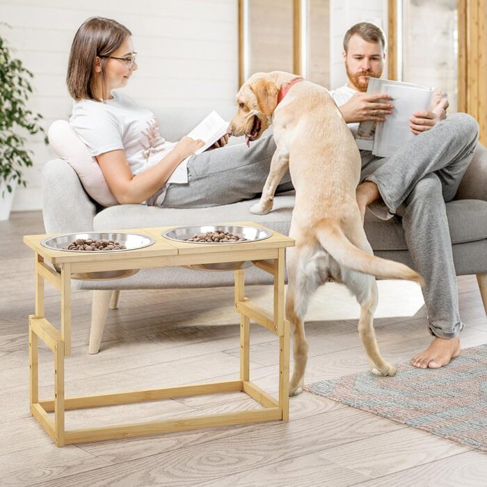 Підвищені годівниці для собак великих порід, бамбук, підставка з 2 великими мисками для води та корму, білий колір, об'єм 2.5л