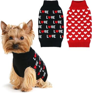 Пуловери для собак на День святого Валентина (2 шт.), теплий в'язаний пуловер з серцем для маленьких, середніх та великих собак, розмір M (червоне серце та чорний текст 