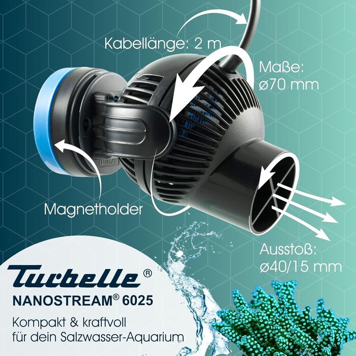 TUNZE Turbelle nanostream 6025 – проточний акваріумний насос, 2800 л/год, пропелерний, з магнітним кріпленням та Silence-кліпсою для скла до 15 мм, для акваріумів
