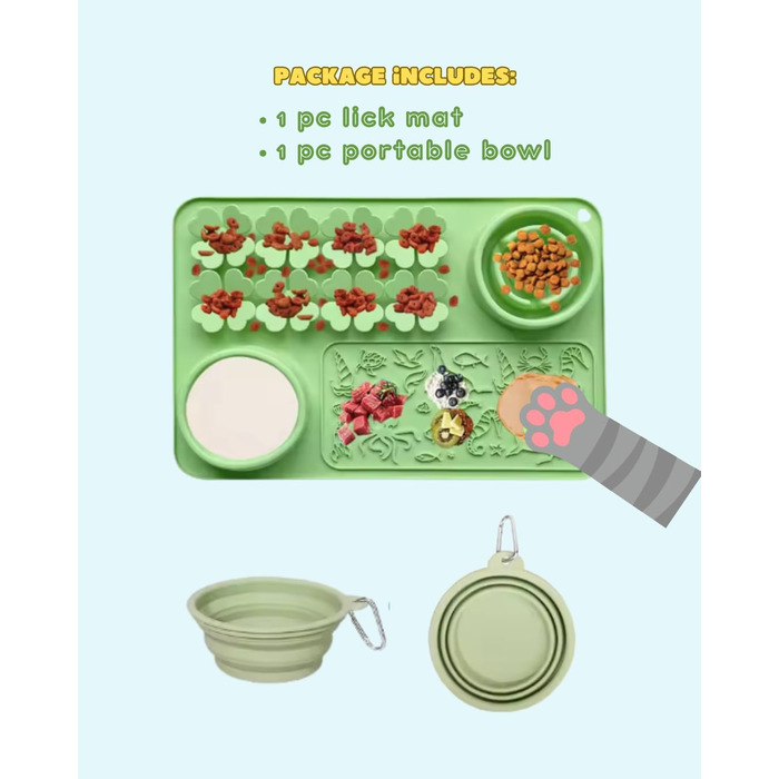 Силіконовий килимок проти протікання та миска для повільного годування собак та котів - килимок-нюхалка з присосками для собак та котів - повільне годування, тренування нюху, складаний портативний миска для корму (Зелений)