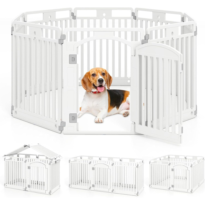 Лягувачка для цуценят COSTWAY, 8 панелей, розкладна, з дверцятами та фіксаторами, 80 см, для собак, пластикова, біла