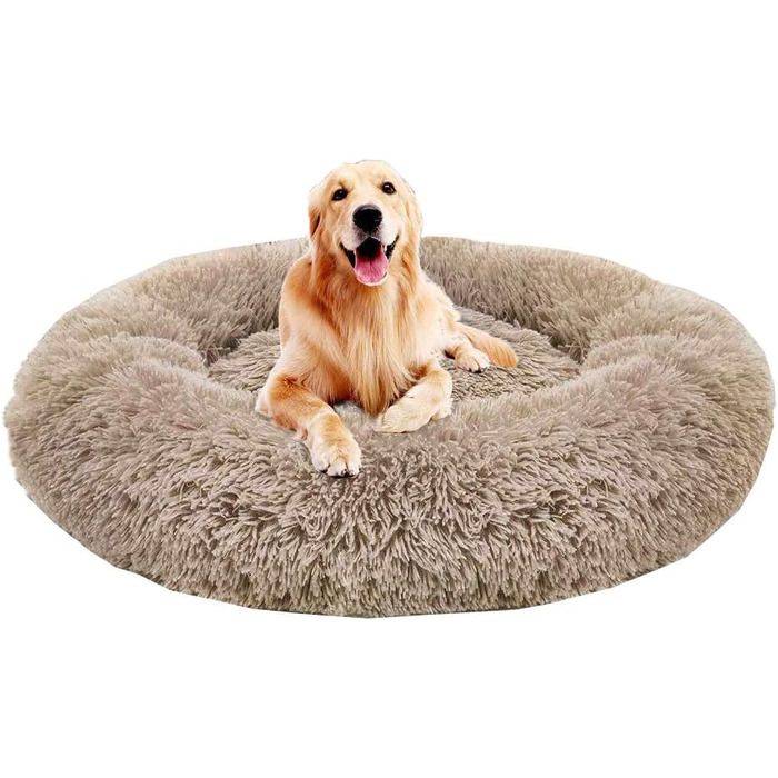 Преміум ортопедичне ліжко для собак великих та екстра-великих порід, Donut ліжко для собак, м'який плюш, кругла собача софа з водонепроникним дном, миється (80см), розмір: 80 x 50 x 18 см, світло-коричневий